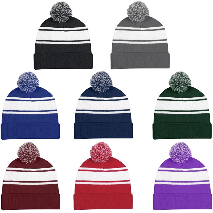 AH1097B Two-Tone Knit Pom Beanie With Cuff Blank No Imprint